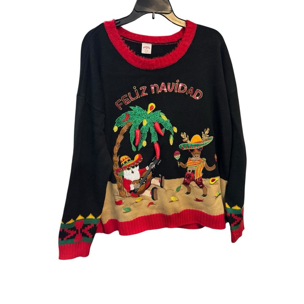 UGLY CHRISTMAS SWEATER FELIZ NAVIDAD BLACK WOMENS XL Holiday Time Christmas